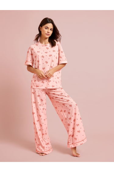 Pink Cake Print Short Sleeve T-Shirt and Wide Leg Pyjama Set