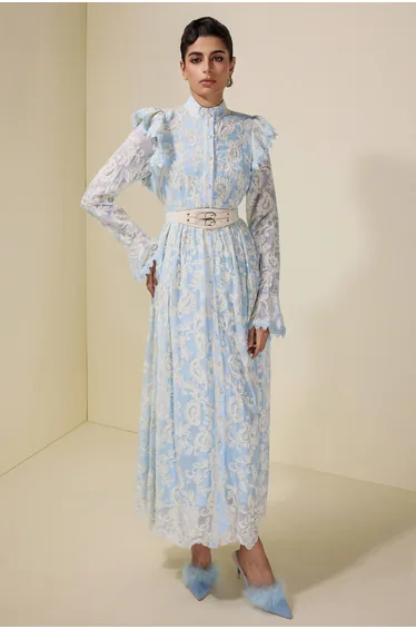 Chiffon Embroidered Single Breasted Dress With Belt