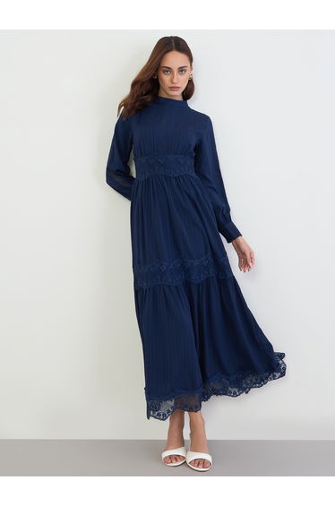 Blue Lace Insert Tiered Maxi Dress
