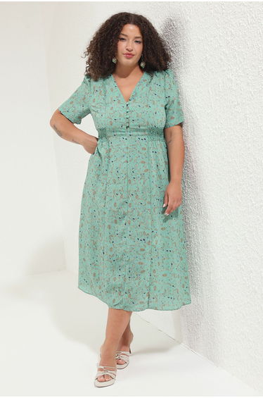 Green Floral A-Line Gimp Midi Woven Dress