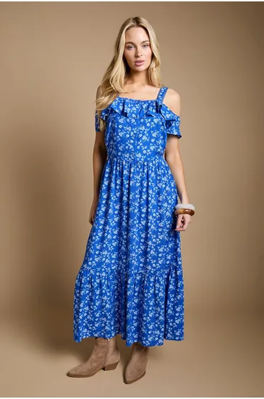 Mono Frill Neckline Button Front Tiered Midaxi Dress