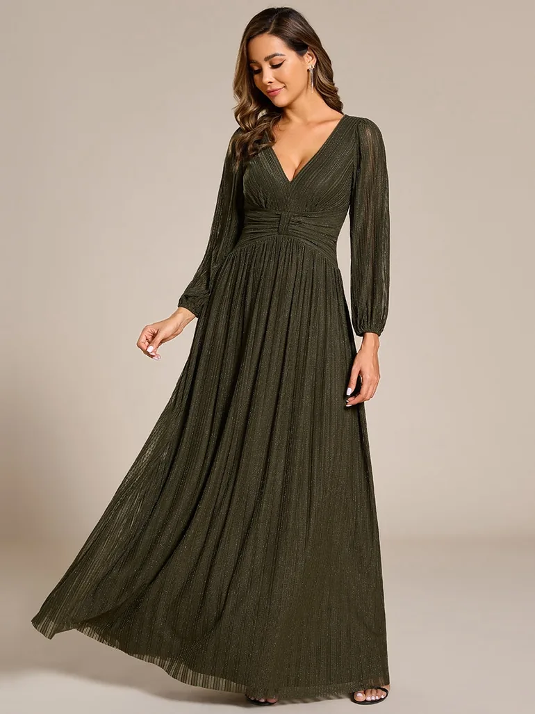 ever BRYM|Glittery Empire Waist Long Lantern Sleeves A-Line Evening Dress - 1