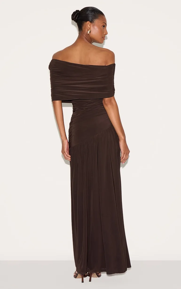Chocolate Brown Double Layer Slinky Bardot One Shoulder Ruched Maxi Dress - 1