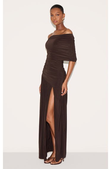 Chocolate Brown Double Layer Slinky Bardot One Shoulder Ruched Maxi Dress product thumbnail 3