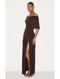 Chocolate Brown Double Layer Slinky Bardot One Shoulder Ruched Maxi Dress - 2