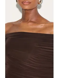 Chocolate Brown Double Layer Slinky Bardot One Shoulder Ruched Maxi Dress - 3