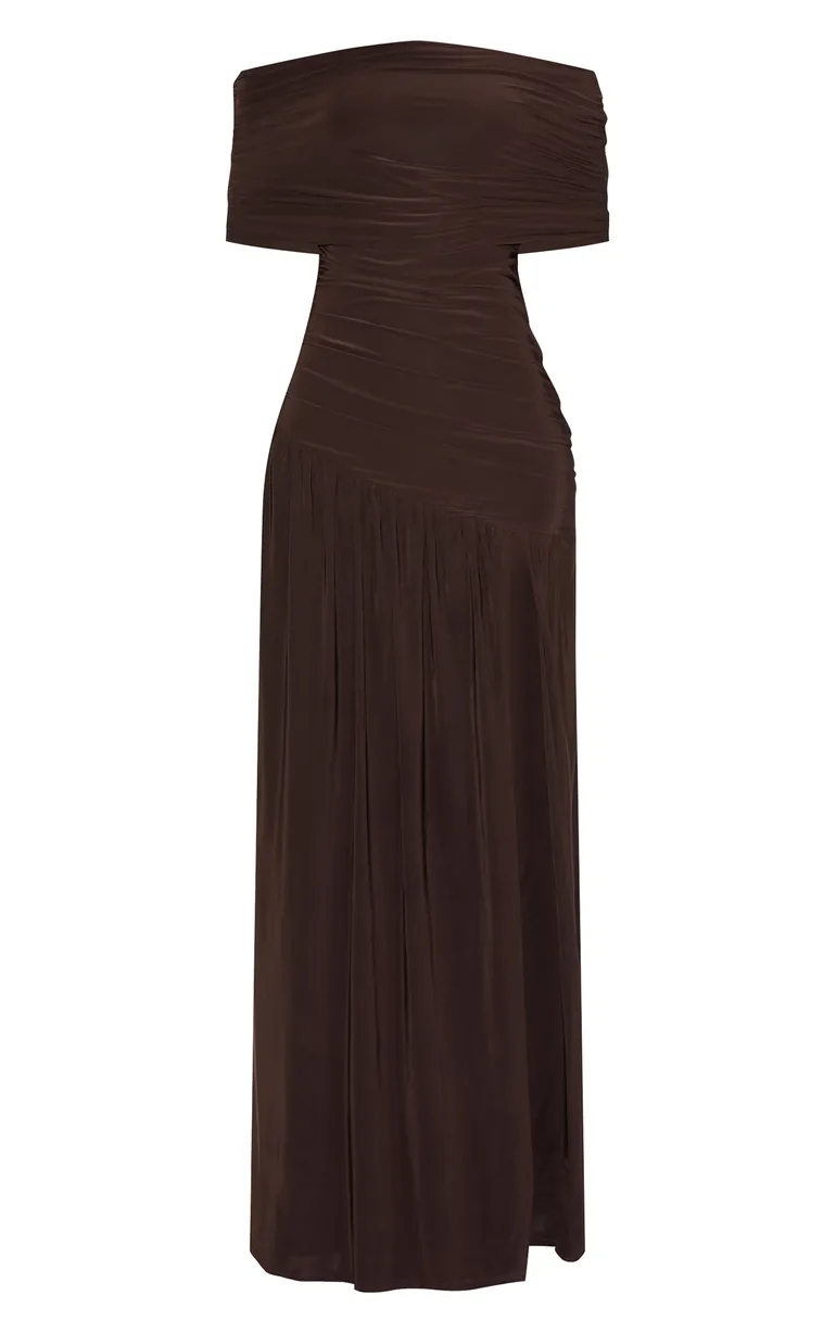 Chocolate Brown Double Layer Slinky Bardot One Shoulder Ruched Maxi Dress - 4