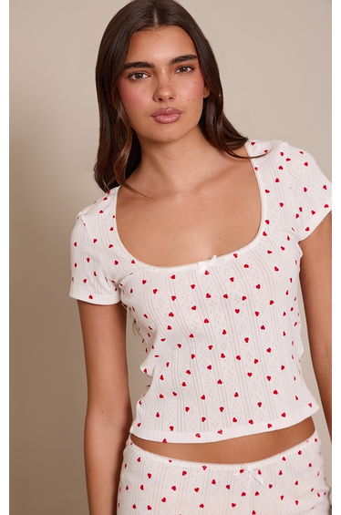 Red Heart Print Pointelle Short Sleeve Pyjama Top