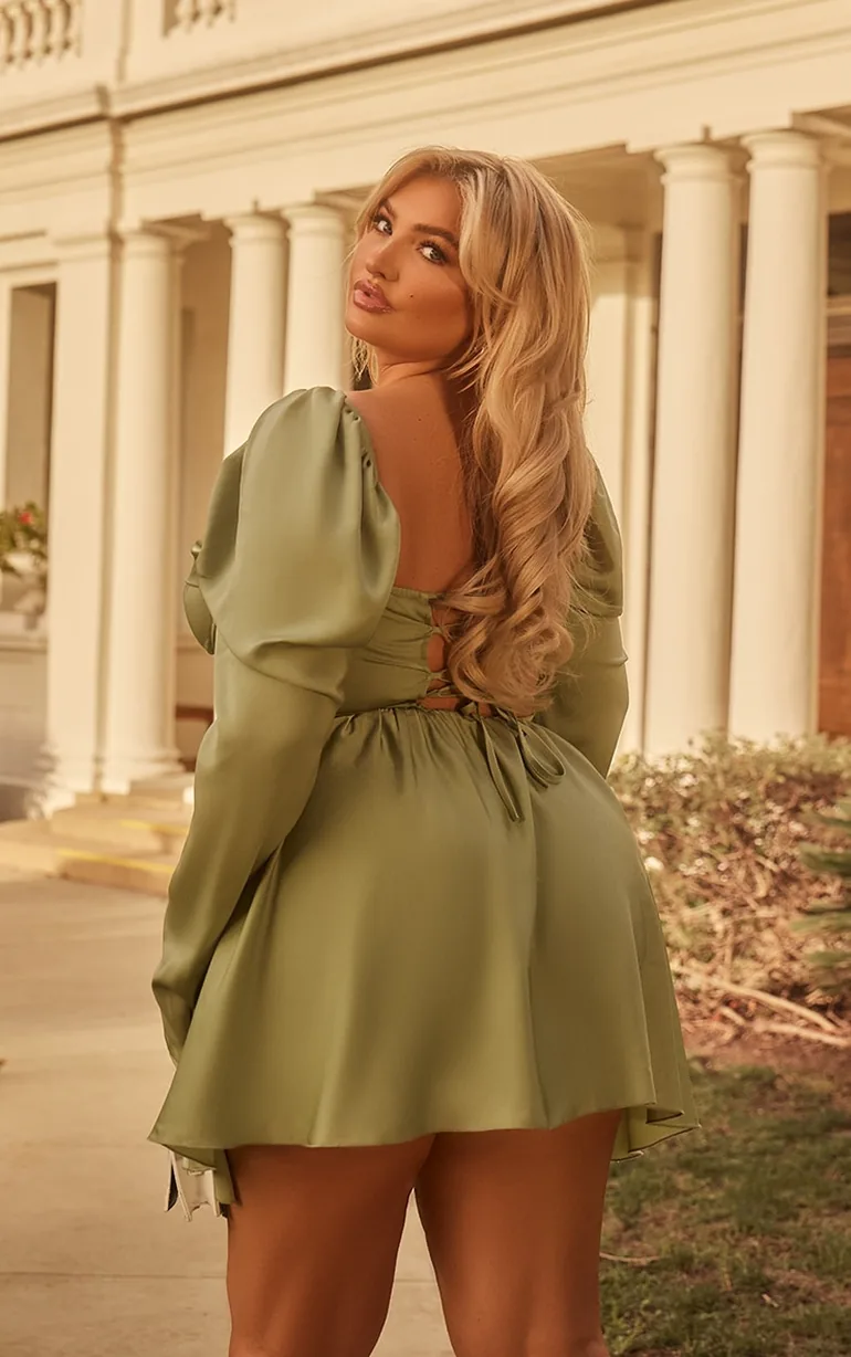 corset shift dress Shop Plus Sage Green Satin Corset Detail Puffball Shift Dress Online in Oman
