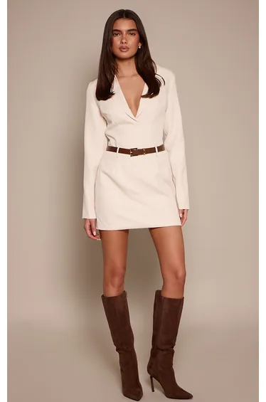 Cream Woven Long Sleeve Belted Shift Dress