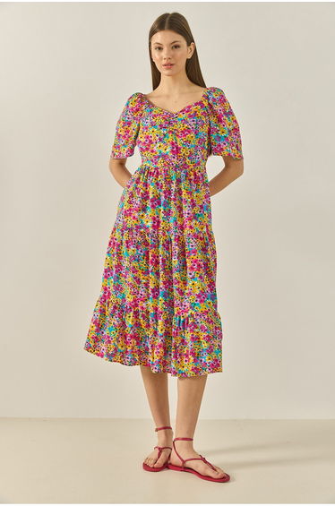Women's Patterned Carmen Collar Gather Detailed Midi Length Summer Dress