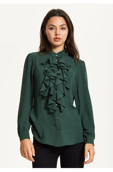 Green Ruffle Front Long Sleeve Blouse