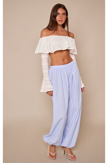 Cream Textured Ruffle Bardot Cropped Top