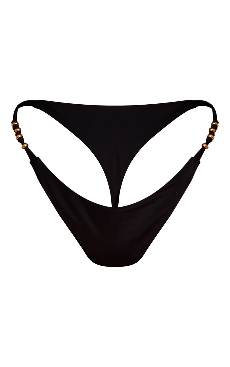 Black Bead Detail Tanga Bikini Bottoms - 4