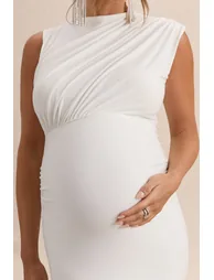 Osanna | White Wide-Neck Maternity Maxi Dress With Ruched Detailing - 6