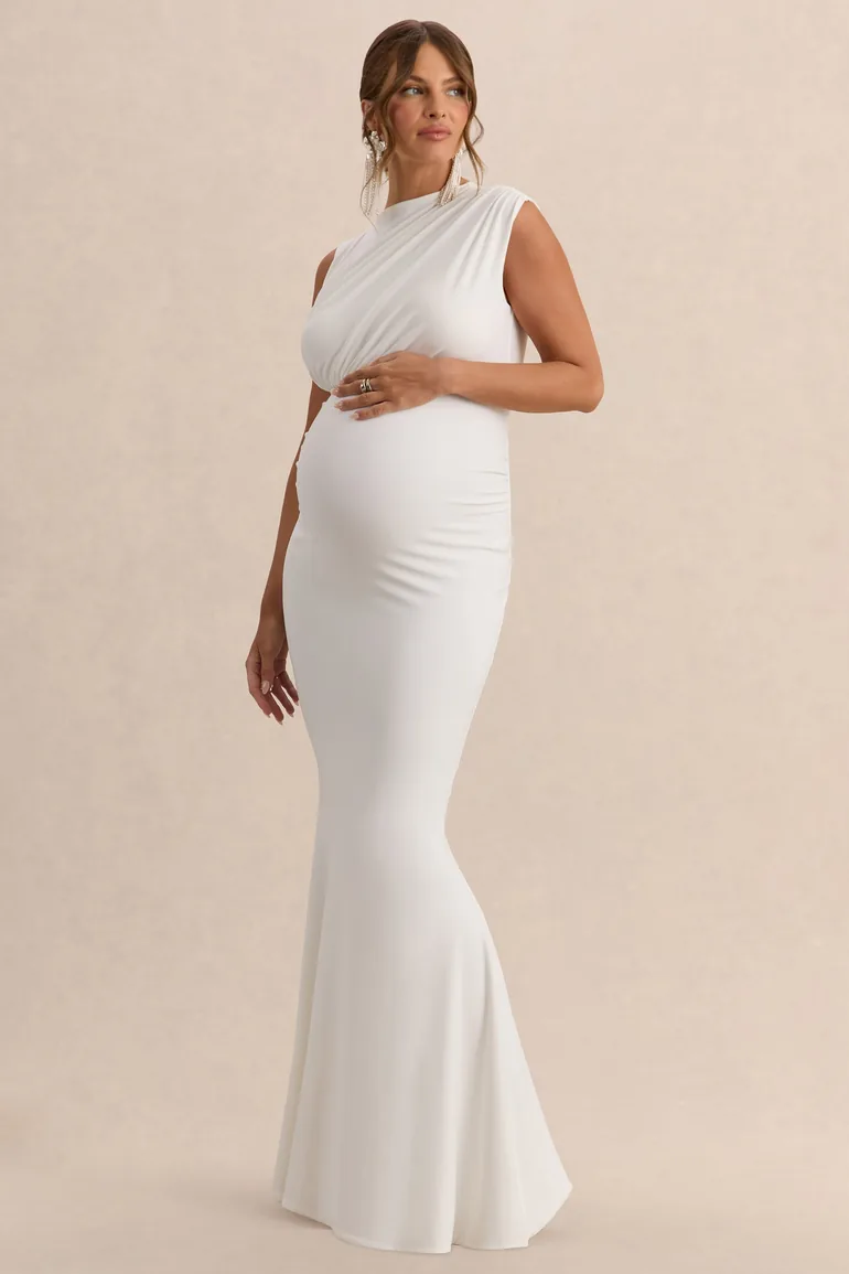 Osanna | White Wide-Neck Maternity Maxi Dress With Ruched Detailing - 2