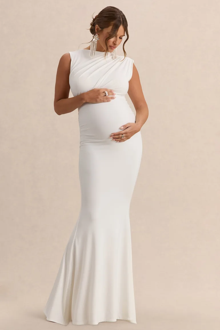 Osanna | White Wide-Neck Maternity Maxi Dress With Ruched Detailing - 5