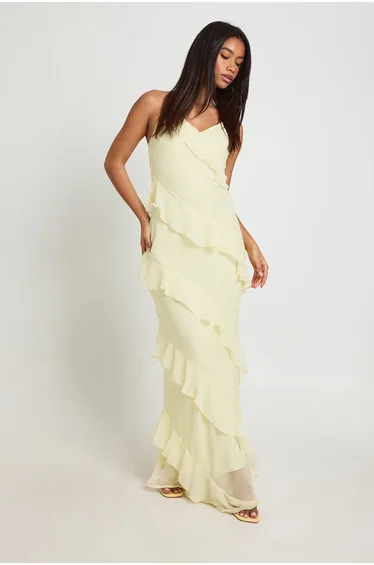 Chiffon Ruffle Detail Maxi Dress - lemon