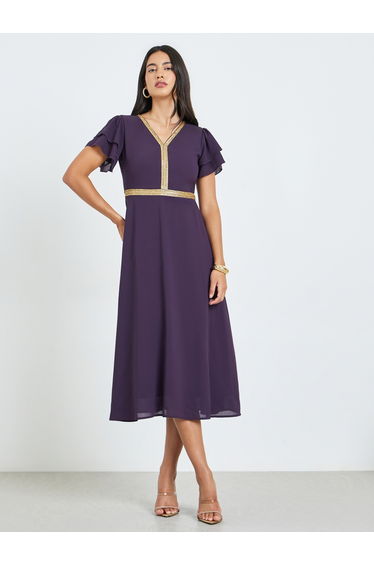 Purple Embellished Ruffled Sleeve Midi Dress