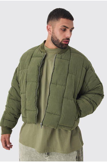 Plus Boxy Peached Square Quilted Bomber Jacket - khaki