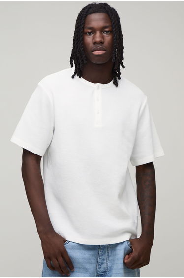 Regular Fit Waffle Henley T-Shirt - white