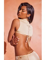 Butter Cream Satin Tie Side High Neck Cowl Crop Top - 1