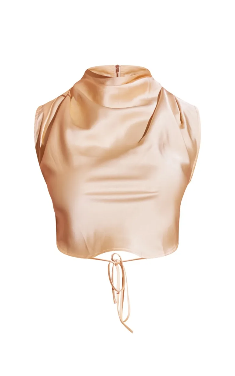 Butter Cream Satin Tie Side High Neck Cowl Crop Top - 4