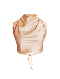 Butter Cream Satin Tie Side High Neck Cowl Crop Top - 4