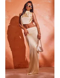 Butter Cream Satin Tie Side High Neck Cowl Crop Top - 2