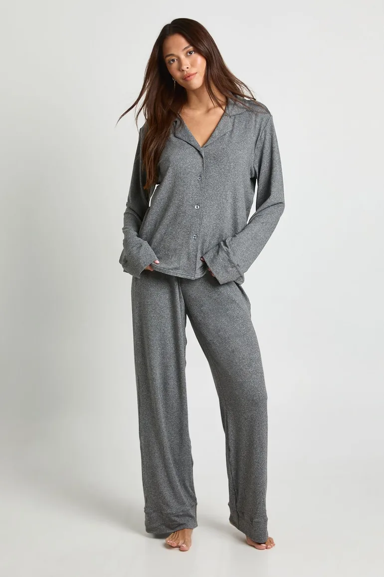 Soft Touch Button Through Shirt and Trouser Pyjama Set - grey marl - 2