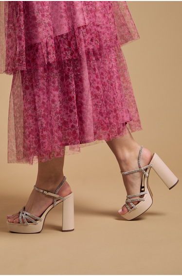 Mona Faux Leather Embellished High Block Heel Platform Sandals
