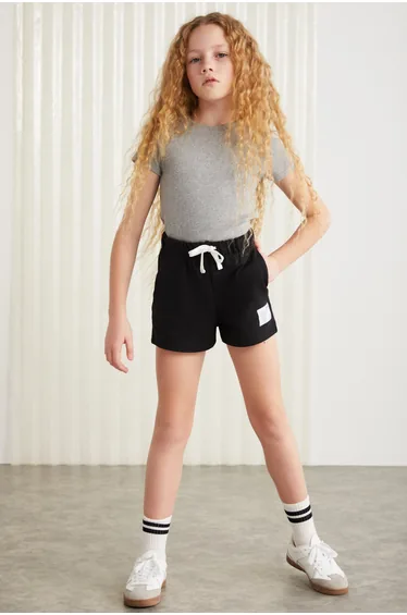 GRIMELANGE AMARE-GRM24037 100% cotton 3-ply decorative label girls' shorts Black Shorts