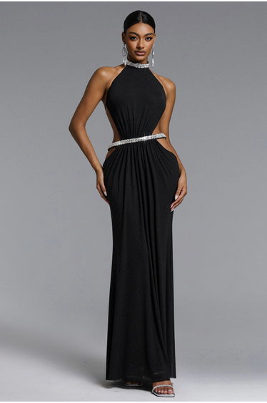 Evelina Chic Flowy Halter Open Back Ruched Maxi Dress