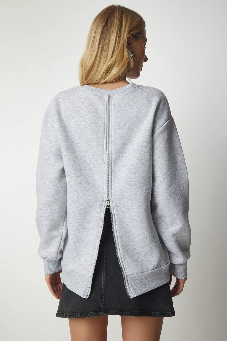 Women's Gray Knitted Sweatshirt with a Zipper Back and Rack Sweatshirt - 4