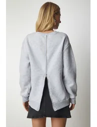 Women's Gray Knitted Sweatshirt with a Zipper Back and Rack Sweatshirt - 4