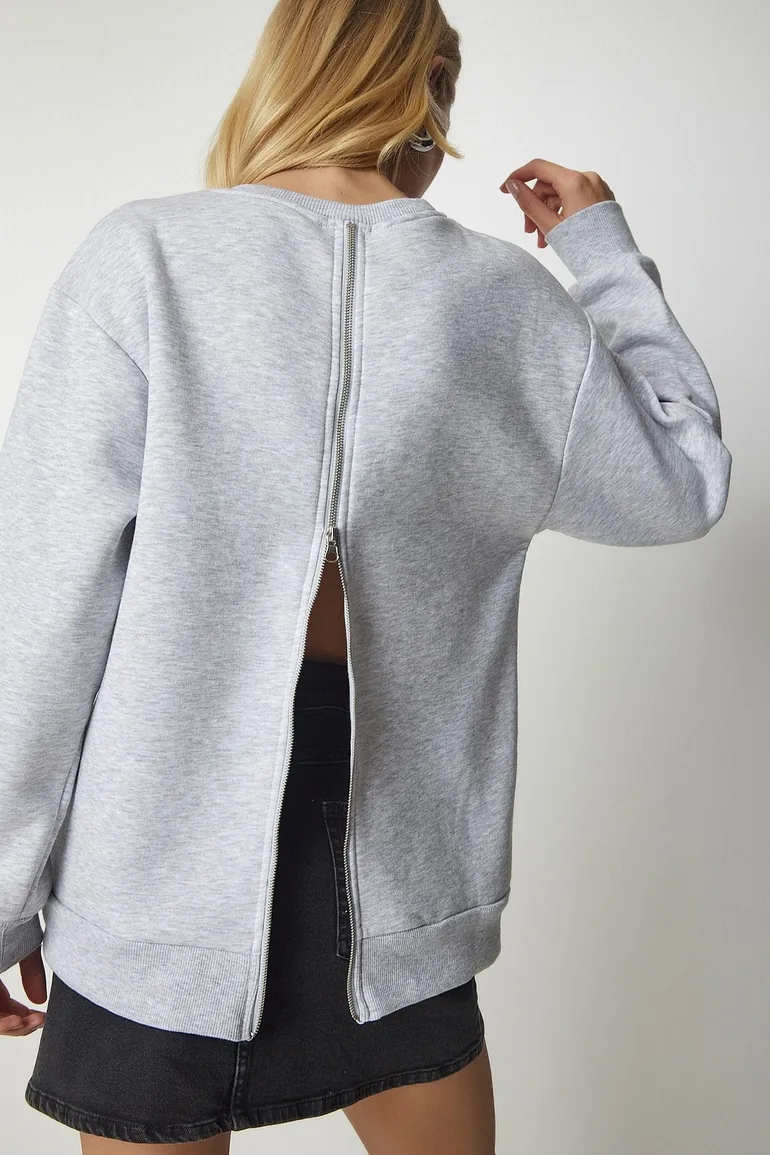 Women's Gray Knitted Sweatshirt with a Zipper Back and Rack Sweatshirt - 2