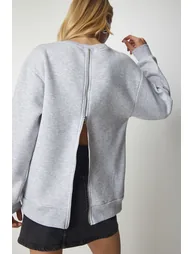 Women's Gray Knitted Sweatshirt with a Zipper Back and Rack Sweatshirt - 2