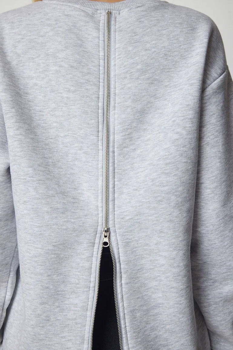 Women's Gray Knitted Sweatshirt with a Zipper Back and Rack Sweatshirt - 5