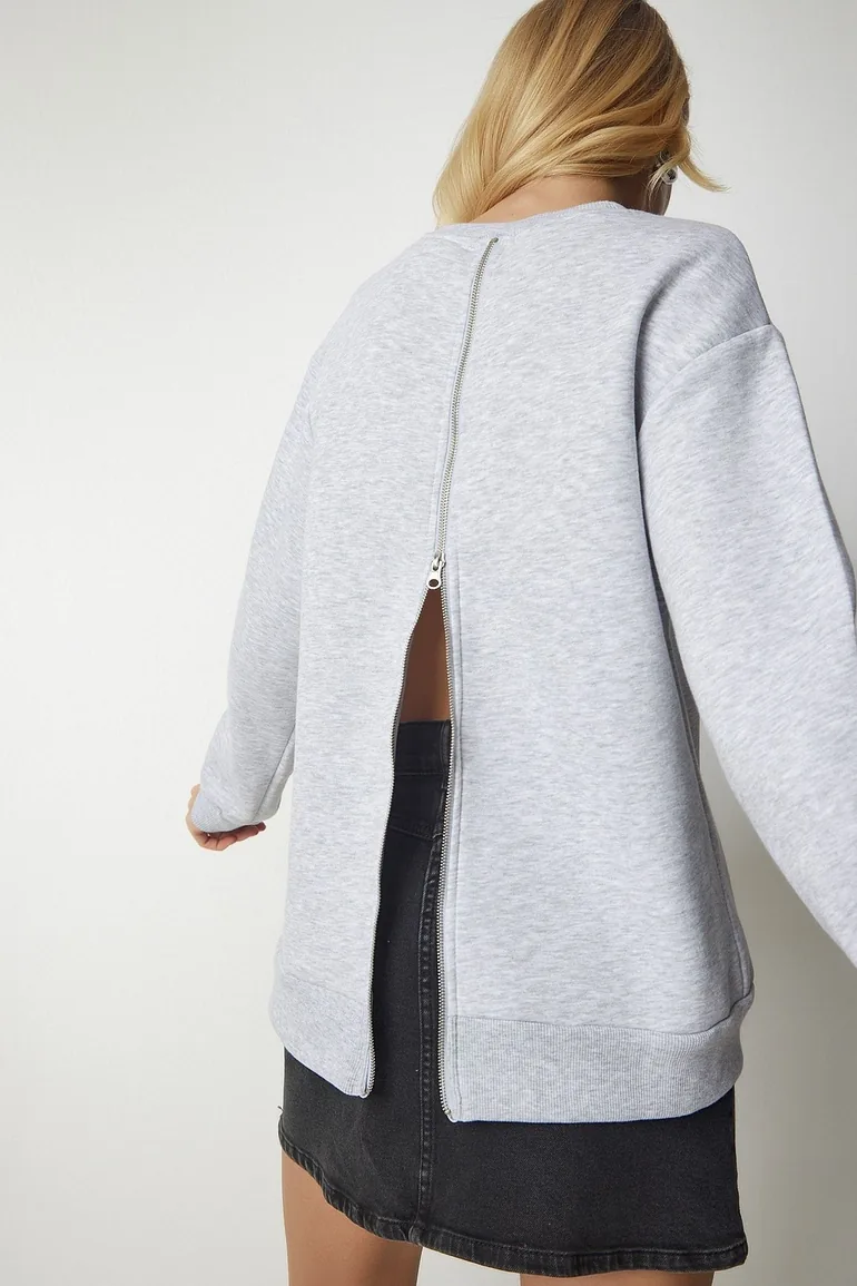 Women's Gray Knitted Sweatshirt with a Zipper Back and Rack Sweatshirt - 1