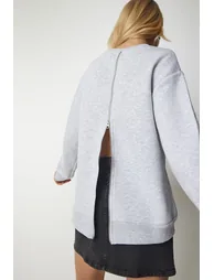 Women's Gray Knitted Sweatshirt with a Zipper Back and Rack Sweatshirt - 1