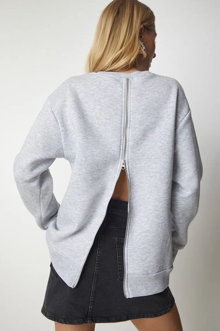 Women's Gray Knitted Sweatshirt with a Zipper Back and Rack Sweatshirt - 3