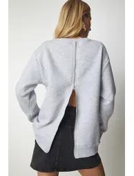 Women's Gray Knitted Sweatshirt with a Zipper Back and Rack Sweatshirt - 3