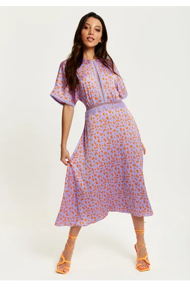 Women's Midi Dress in Lilac and Orange with Mesh.