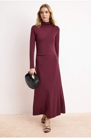 Plum Unlined Plain Knitted Ruched Detail Sandy Hijab Dress
