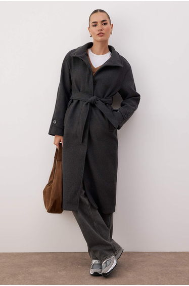 Anthracite high collar mono closure oversize long stamp coat