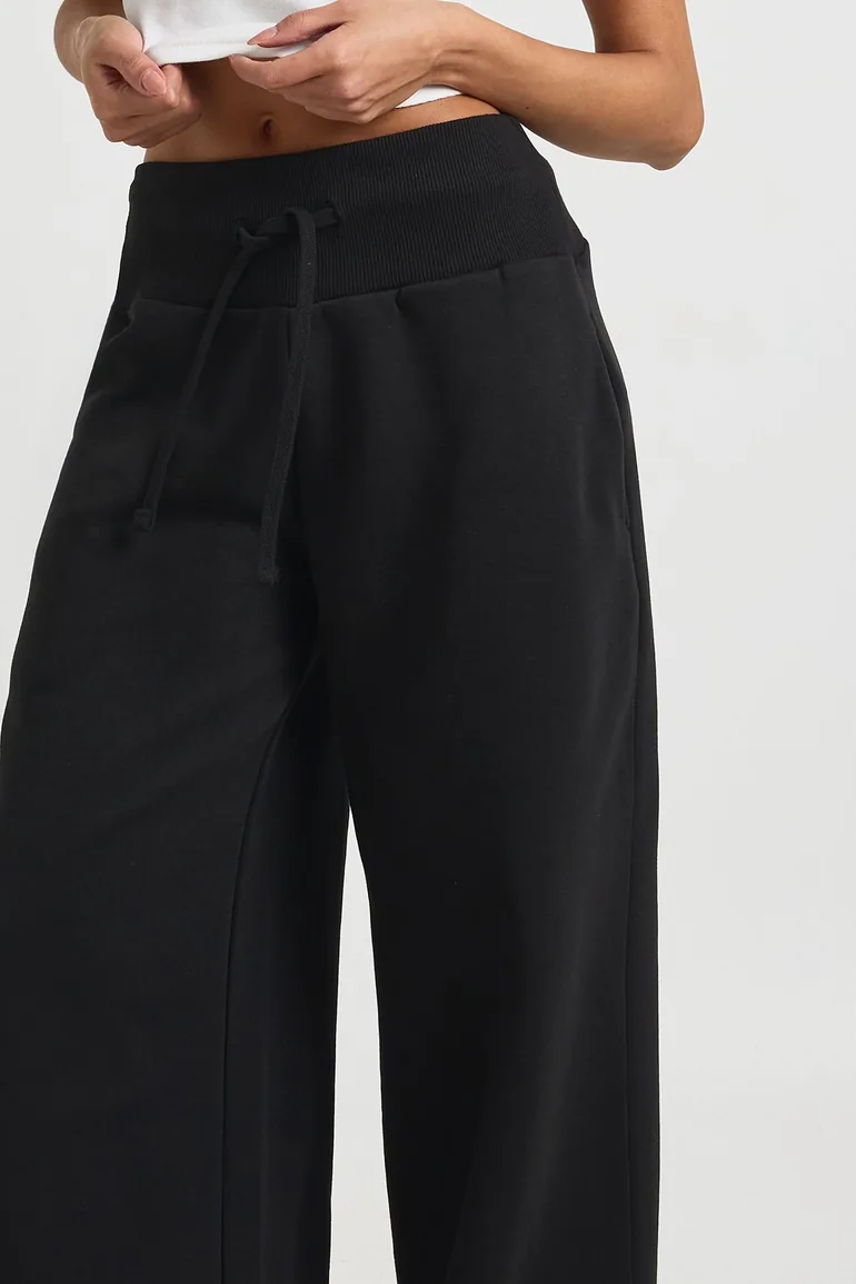 Deep Ribbed Waistband Wide Leg Jogger - black - 3
