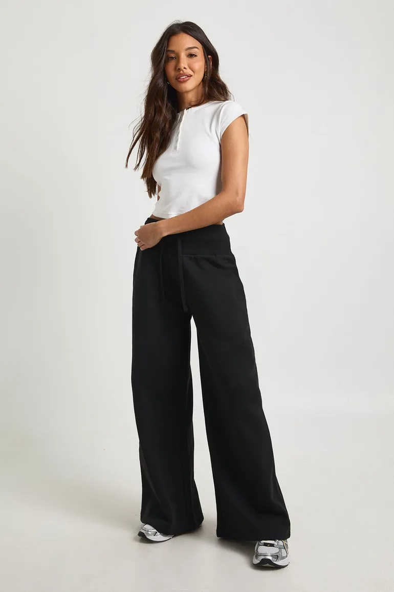 Deep Ribbed Waistband Wide Leg Jogger - black