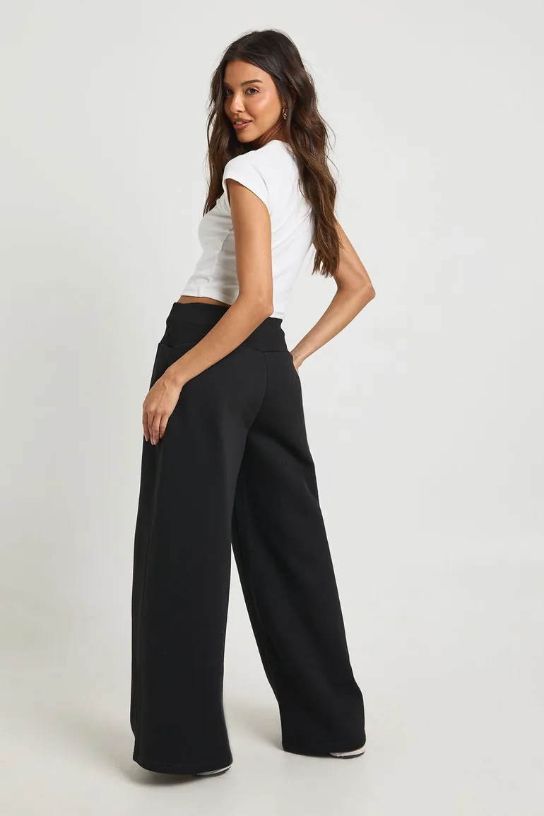 Deep Ribbed Waistband Wide Leg Jogger - black - 1