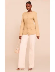 Sand Collarless Cinched Waist Boxy Blazer - 1