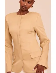Sand Collarless Cinched Waist Boxy Blazer - 3